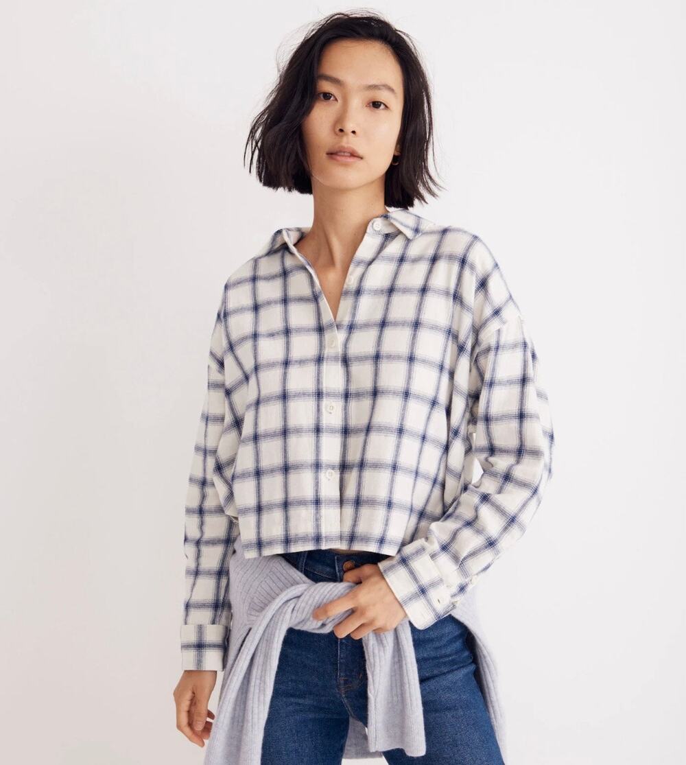 Madewell Flannel Shirt Hartfield Windowpane Cropped Blue Sz Medium NG885